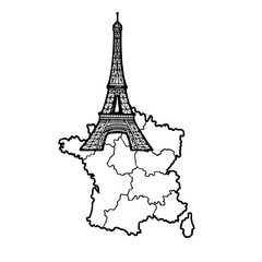 France map and Eiffel Tower sketch PNG illustration with transparent background