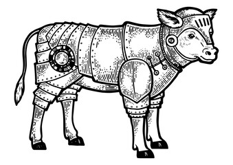 Calf bull in knight armor sketch engraving PNG illustration with transparent background