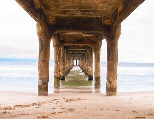 Tranquil beach setting with a low angle shot of a wooden pier
