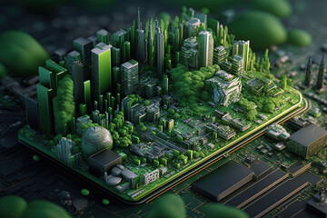 Obraz premium Smart green city on circuit board background. Futuristic cyberspace concept. Generated AI