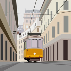 vector illustration depicting an old yellow tram on a city street for the design of illustrations, interiors and scenes in vintage style - obrazy, fototapety, plakaty