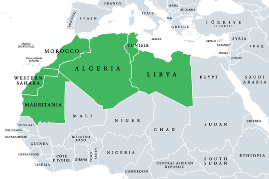Maghreb, Arab Maghreb or also Northwest Africa, political map. Part of the Arab World, comprising Algeria, Libya, Morocco, Mauritania, Tunisia, Western Sahara and the Spanish cities Ceuta and Melilla.