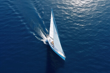 White boat on deep blue water as seen from above. Ai generated 