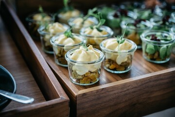 Closeup shot of Appetizer buffet in a glass
