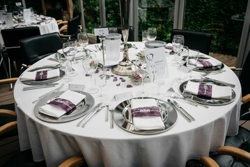 Wedding table setting in the restaurant.
