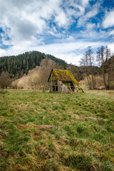 Old hay shack on a meadow with forest and hills in the background