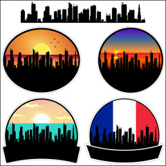 Cenon Skyline Silhouette France Flag Travel Souvenir Sticker Sunset Background Vector Illustration SVG EPS AI