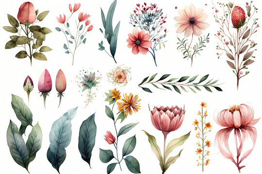 Adorable collection of watercolor flowers on a pristine white background, Generative Ai