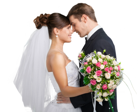 Portrait of a smiling wedding young couple isolated on white background - Powered by Adobe