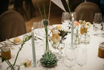 Closeup of the wedding decorations on the table, blurred background