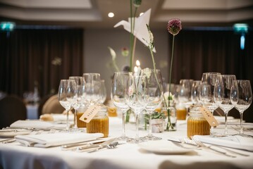 Table decorated with natural flowers, glasses and white tablecloth for wedding ceremony