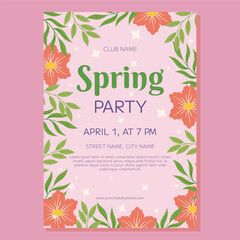 Party poster template with pink flowers and green leaves framing a pink background with text Spring Party. Perfect for promoting springtime events and celebrations, this format will catch the eye and