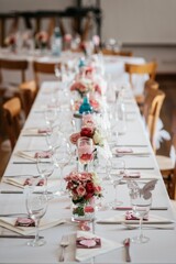 Closeup of the wedding decorations on the table, blurred background