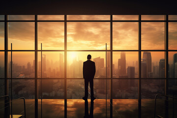 Fototapeta na wymiar Successfull businessman or CEO in his office, looking through a large window to the busy city at sunset. Bsuiness conceptual illustration. Generative AI