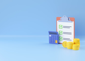 Tax calculator 3d render - financial checklist, money management and payment invoice