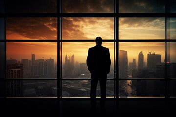 Successfull businessman or CEO in his office, looking through a large window to the busy city at sunset. Bsuiness conceptual illustration. Generative AI