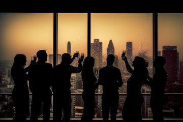 Bsuiness people inside an office, cheering and drinking champagne, silhouette. Generative AI