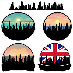 Droitwich Skyline Silhouette Uk Flag Travel Souvenir Sticker Sunset Background Vector Illustration SVG EPS AI