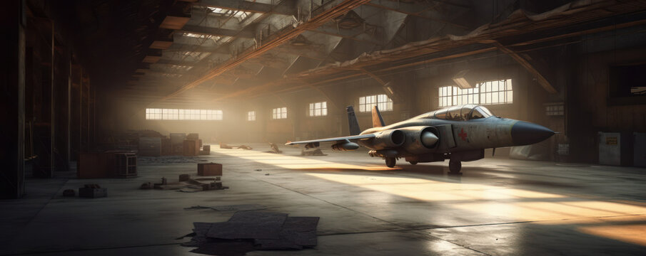 Powerful military fighter jet parked in military hangar, ready for takeoff. Generative AI