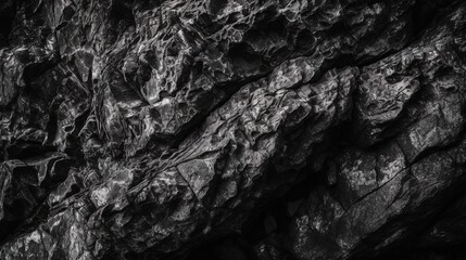 Black white stone texture. Rock surface. Close-up. Like a old rough concrete wall. Dark gray grunge background with space for design. Template. Backdrop. Wide banner. Panoramic. 