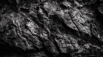 Black white stone texture. Rock surface. Close-up. Like a old rough concrete wall. Dark gray grunge background with space for design. Template. Backdrop. Wide banner. Panoramic. 