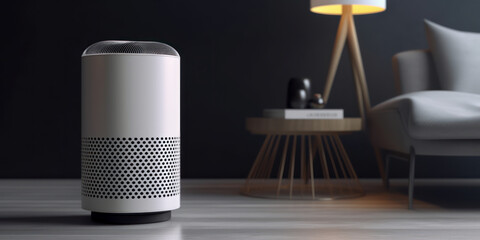 Air purifier and AC controller unit mockup for healthy home, minimalist living room background. Generative AI