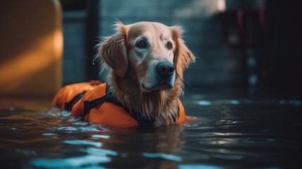 cute golden retriever swimming in swimming pool with orange life jacket.Generative Ai