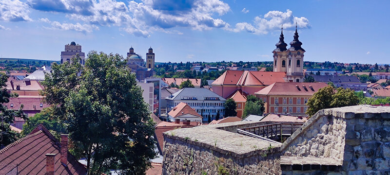 View of the historic center in Eger.  Red roofs. Church of Anthony of Padua and eger basilica in the background. Hungary. Europe