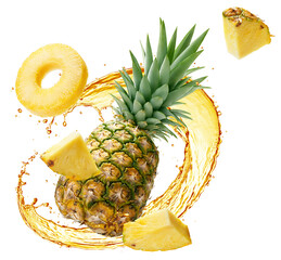 Pineapple juice splashing with its fruit - 589479788