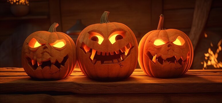 three pumpkins with terrifying faces on the wood, in the style of uhd image, luminous skies