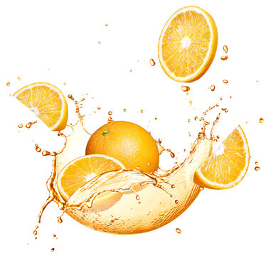 Orange fruits splashing with juice