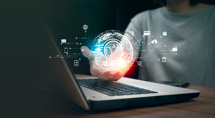 Businessman using smart devices for Digital technology connection and marketing,, links to artificial intelligence, internet of thing. Concept smart robot AI, futuristic technology transformation.