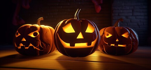 three carved pumpkins in dark florescent lights with shadows