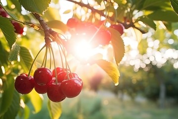 ripe red cherry in orchard plantation, idea for agricultural and fruitfulness theme concept background wallpaper,  Generative Ai