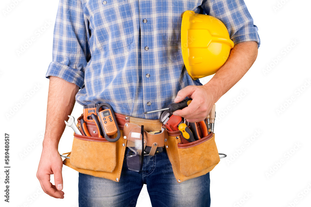 Wall mural Male worker with tool belt isolated on white  background