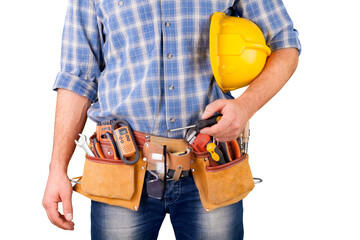 Male worker with tool belt isolated on white  background