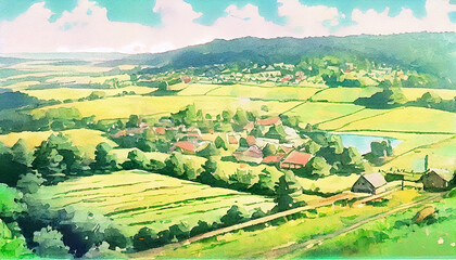 A charming illustration of a green village surrounded by lush gardens, creating a peaceful and idyllic scene, generative ai