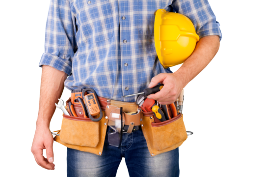 Male worker with tool belt isolated on white  background - Powered by Adobe