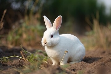 Fototapeta premium A cute white rabbit playing outdoors, made with generative ai