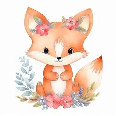 Cute watercolor fox. Illustration AI Generative
