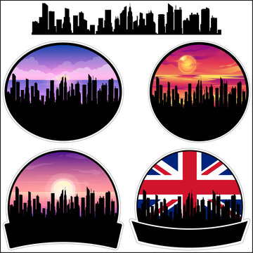 Linslade Skyline Silhouette Uk Flag Travel Souvenir Sticker Sunset Background Vector Illustration SVG EPS AI