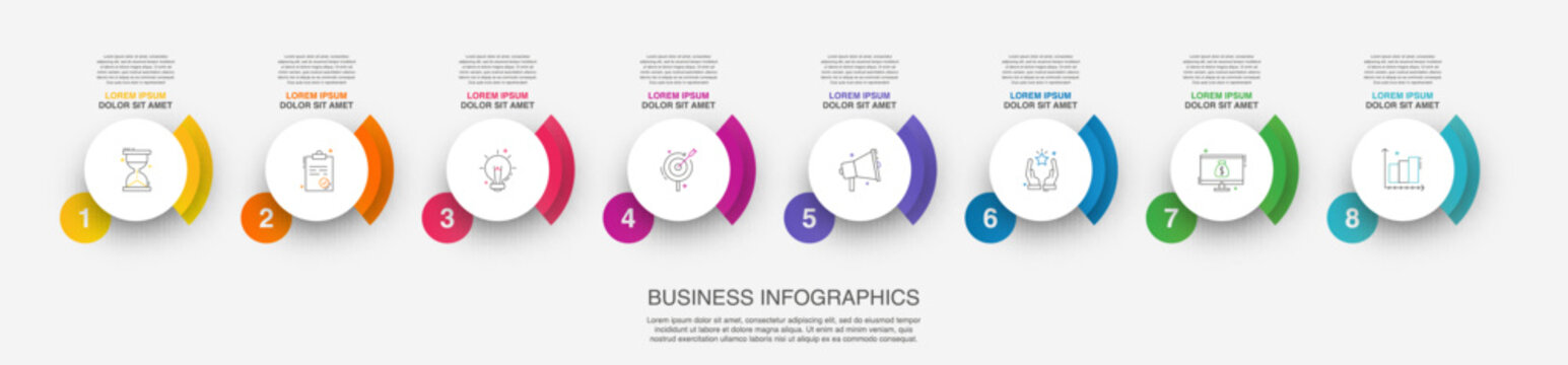 Vector infographic design template. Modern timeline concept with 8 steps, circles. Vector illustration used for diagram, workflow layout, banner, webdesign