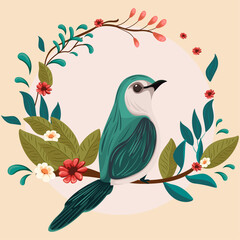 Illustration with beautiful bird and flowers, leaves, nature, abstract leaf patterns, illustration, spring illustration 
