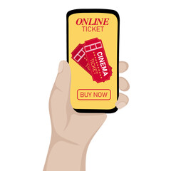 Human hands holding mobile phone with cinema tickets on screen. Buying movie tickets online using a mobile app. Vector illustration