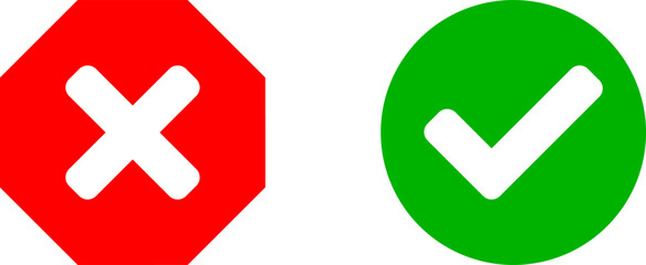 Yes and No or Right and Wrong or Approved and Declined Icons with Green Check Mark and Red X Cross Signs. Vector Image.