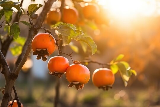 persimmon in orchard plantation, idea for agricultural and fruitfulness theme concept background wallpaper,  Generative Ai