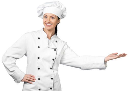 Portrait of young woman chef on white background