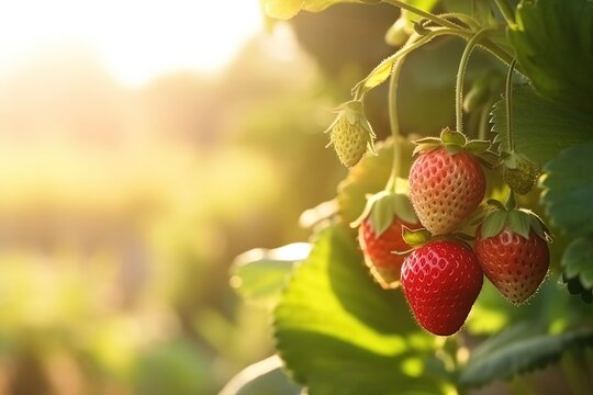 strawberry in orchard plantation, idea for agricultural and fruitfulness theme concept background wallpaper,  Generative Ai