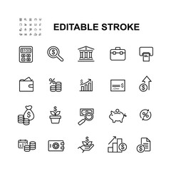 Fototapeta premium Simple Set of Money Savings Related Vector Line Icons. Contains Money Increase Graph, Wallet, ATM Card and more. Editable Stroke.