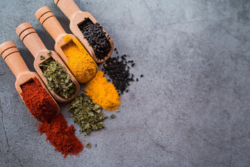 A set of fragrant spices. Turmeric, paprika, herbs and pepper in wooden spoons on a gray...
